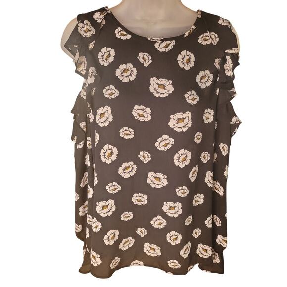 Ann Taylor Shoulder Cutout Blouse Black Floral Long Sleeves Ruffled Sz M - Picture 2 of 8